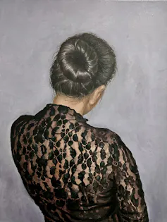 Painting of the back of a woman's head. She wears a sheer black lace top and her grey hair is in a shiny bun.