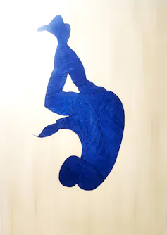 A blue outline of a man falling downwards