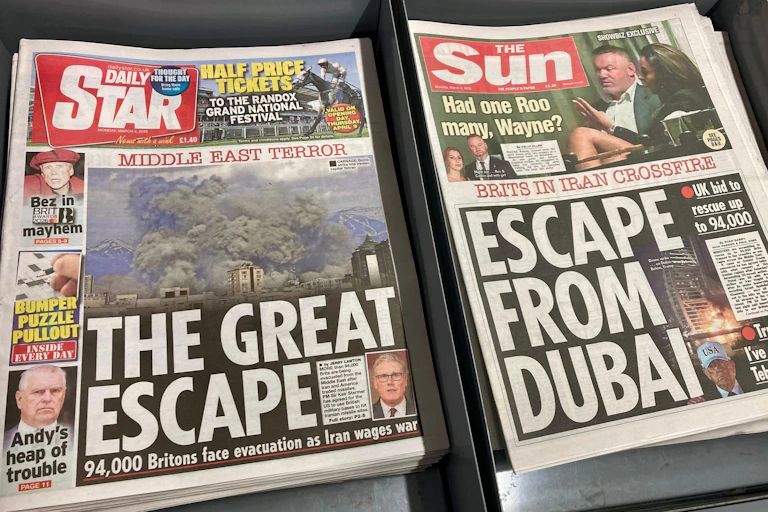 Front pages of the Daily Star and Sun with headlines about Iranian attacks on Gulf states.