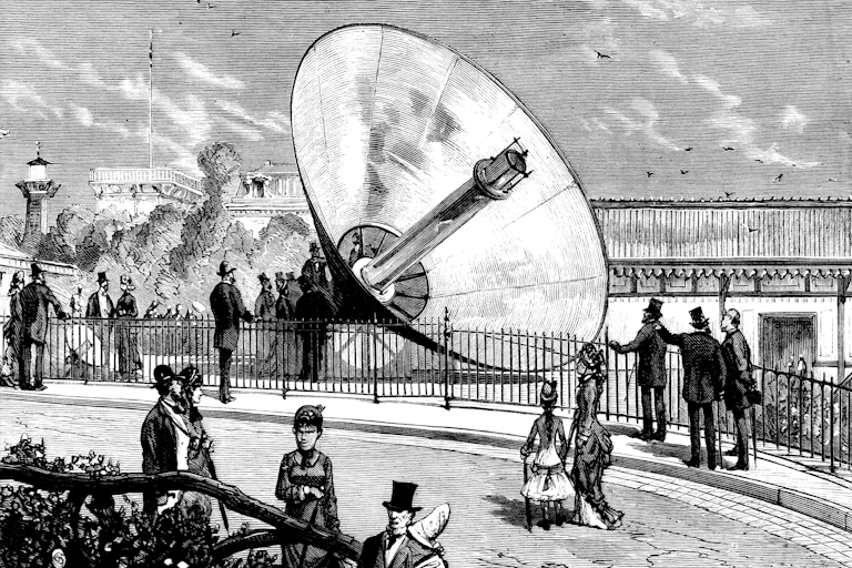 Engraving showing Augustin Mouchot’s first machine ever to run on energy from the Sun in 1866.