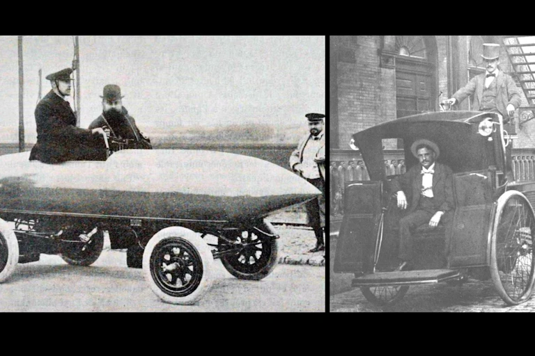 Archives photographiques des véhicules dont les chauffeurs (à gauche Jenatzy, à droite on ne sait pas) posent pour la caméra.