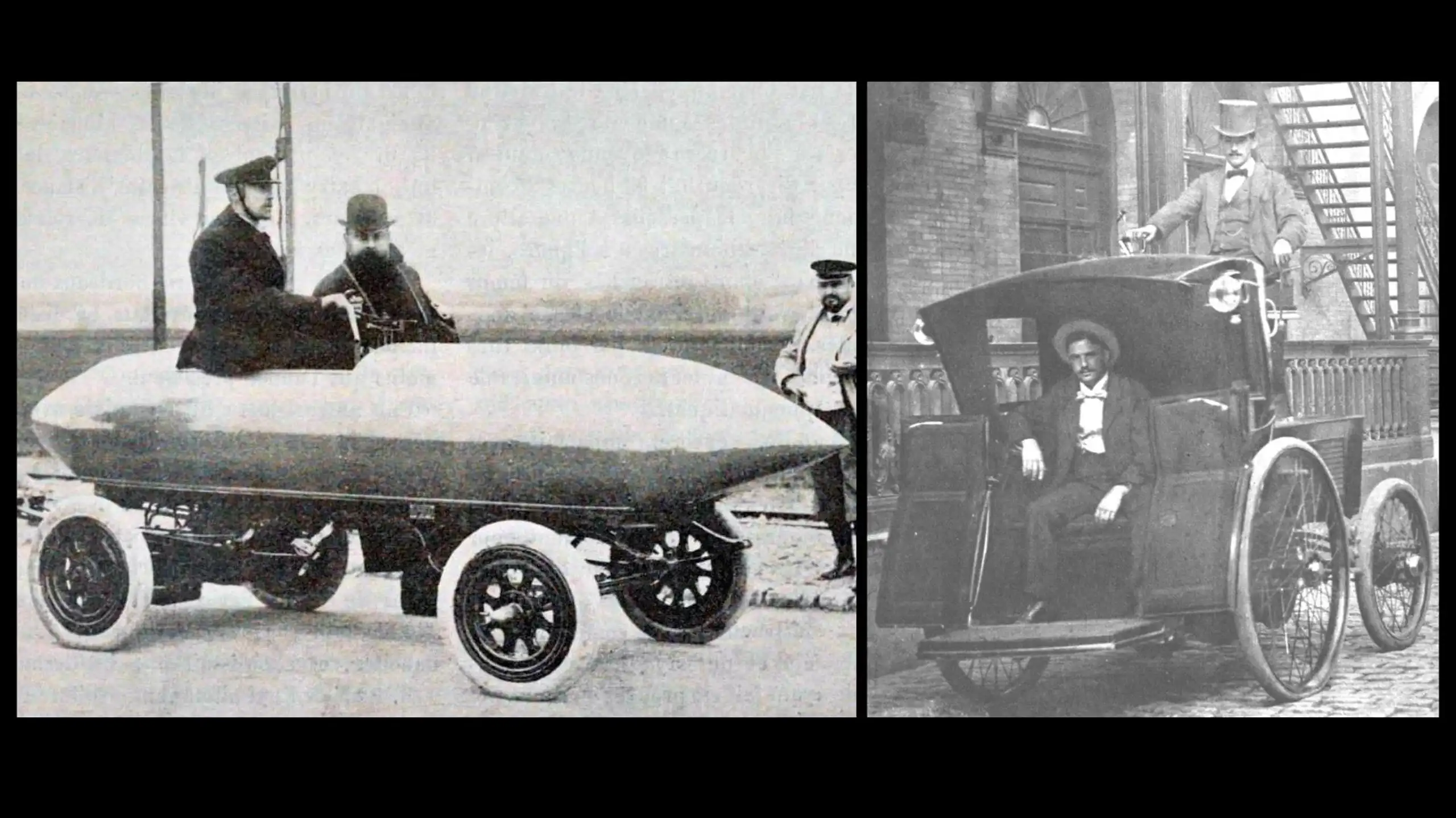 Archives photographiques des véhicules dont les chauffeurs (à gauche Jenatzy, à droite on ne sait pas) posent pour la caméra.