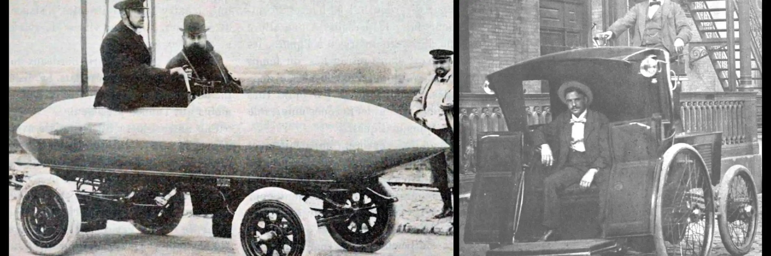Archives photographiques des véhicules dont les chauffeurs (à gauche Jenatzy, à droite on ne sait pas) posent pour la caméra.