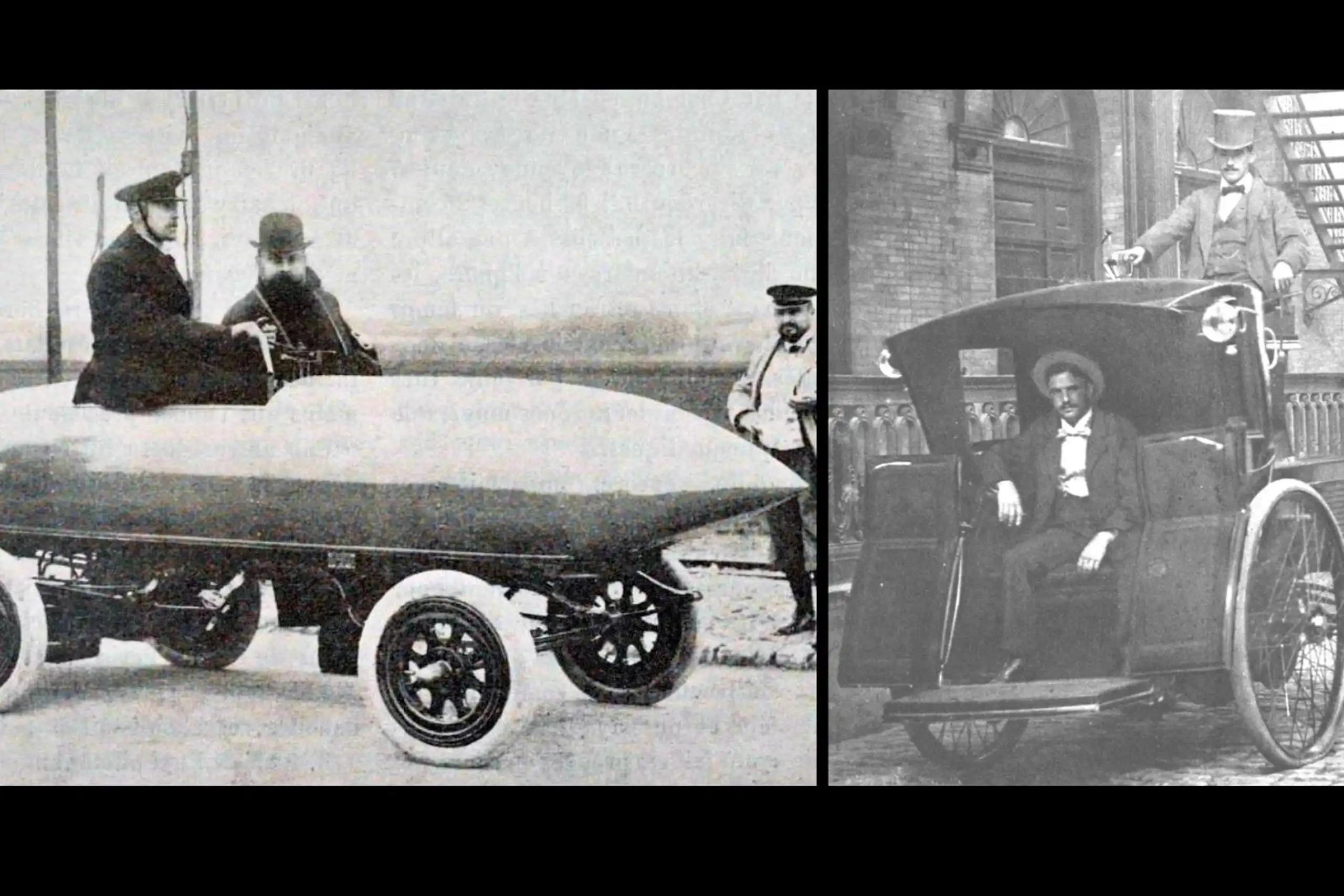 Archives photographiques des véhicules dont les chauffeurs (à gauche Jenatzy, à droite on ne sait pas) posent pour la caméra.