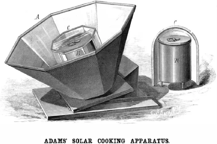 Engraving showing William Adams's design for a portable solar cooking stove.