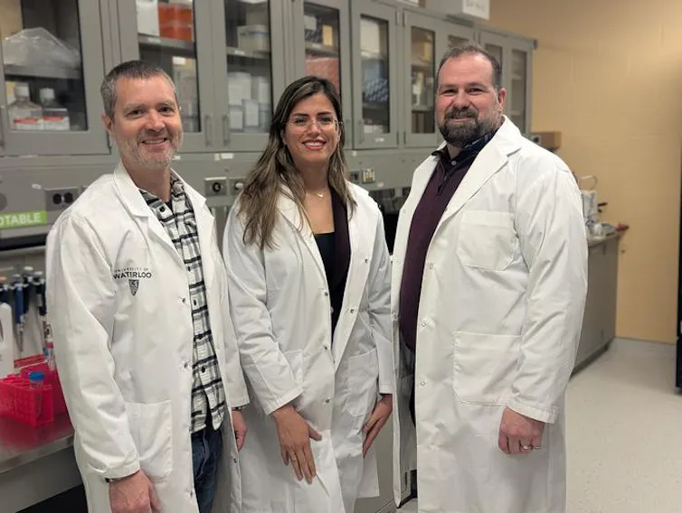 Cómo hacemos que las bacterias se coman el cáncer 2 Dos hombres y una mujer con batas blancas de laboratorio posan para una foto.