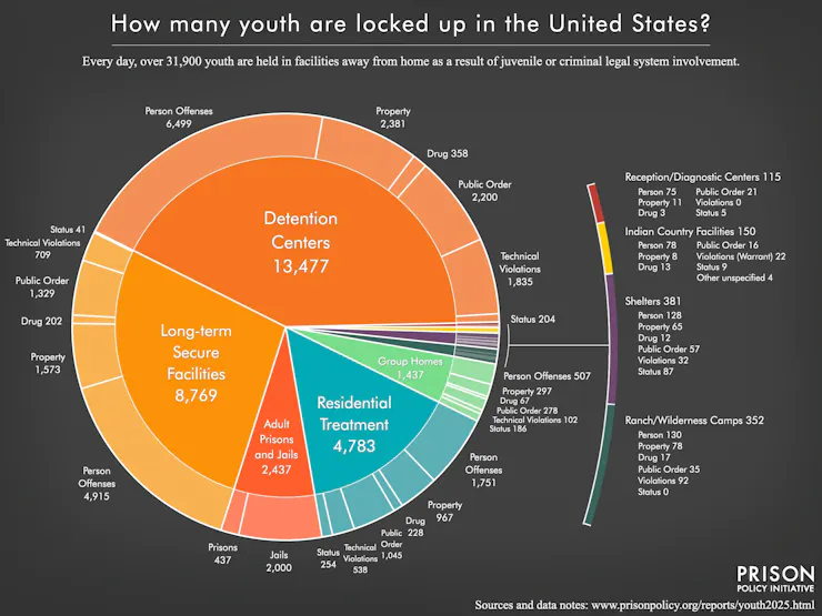 Pie chart showing different types of custody in which some 32,000 young people in the U.S. were held in custody as of 2025.