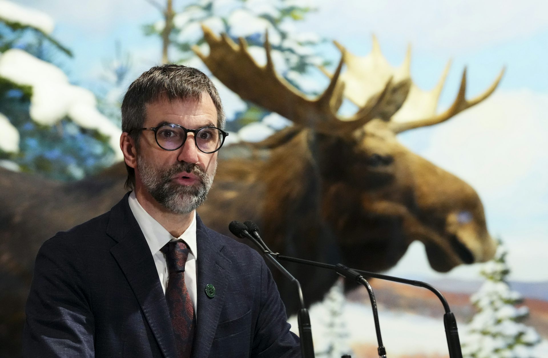 Un hombre blanco de mediana edad con barba y gafas habla frente a un podio mientras está de pie frente a un mural de alces.