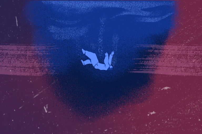 Sketched figure falling through a blue haze.
