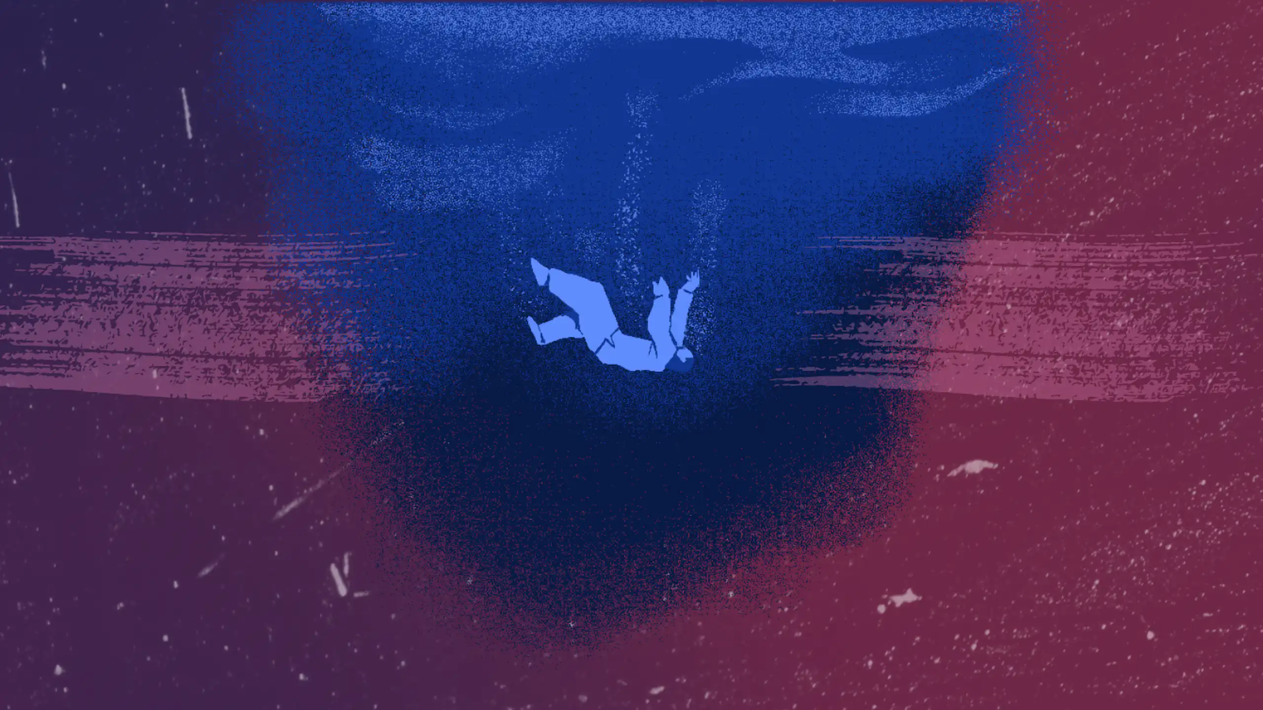 Sketched figure falling through a blue haze.