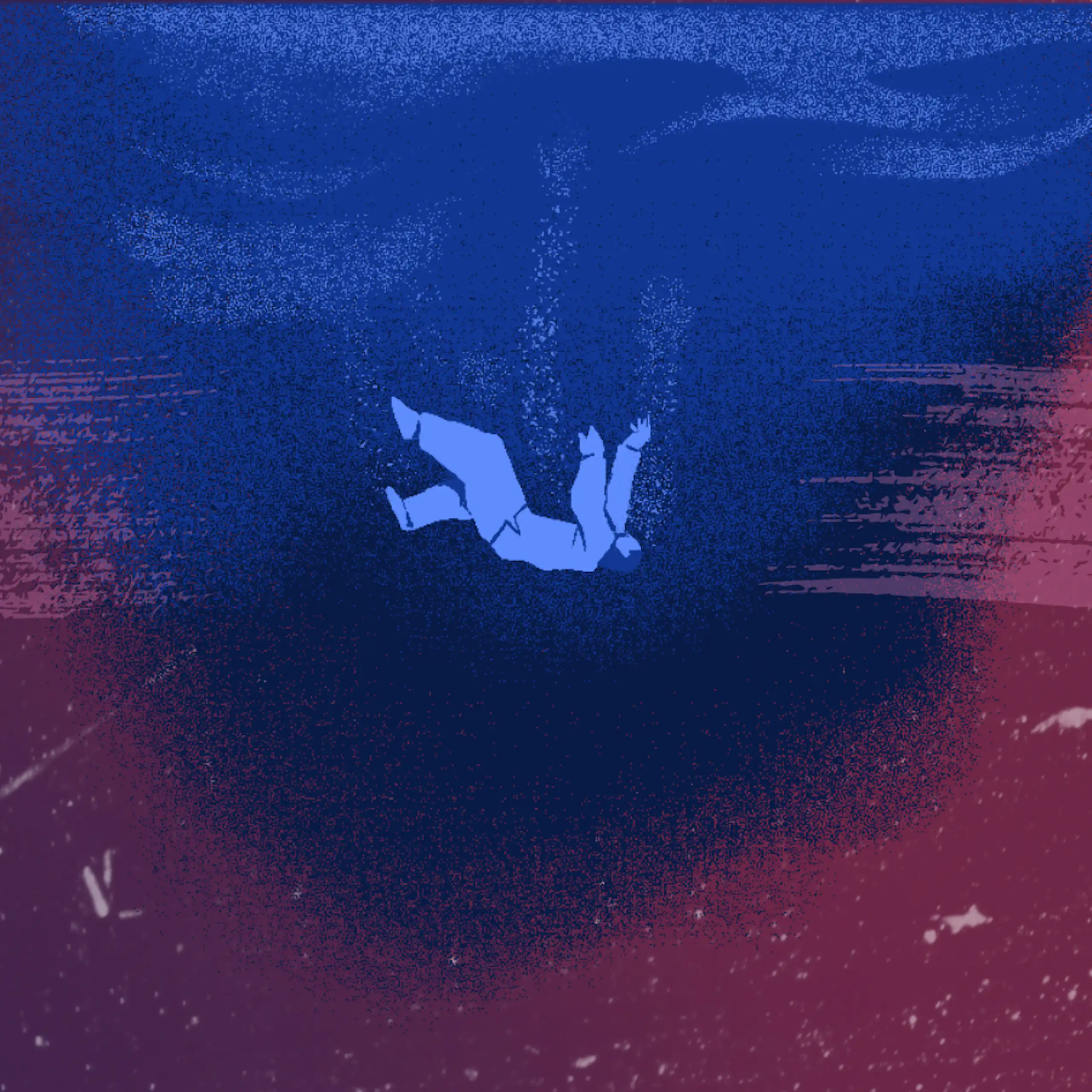 Sketched figure falling through a blue haze.