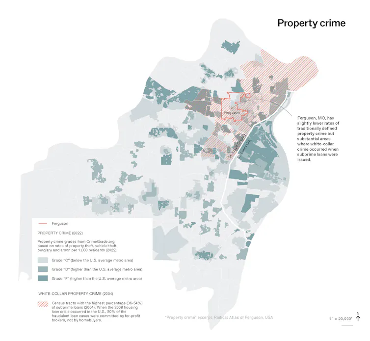Map of Missouri with Ferguson highlighted, showing property crime grades