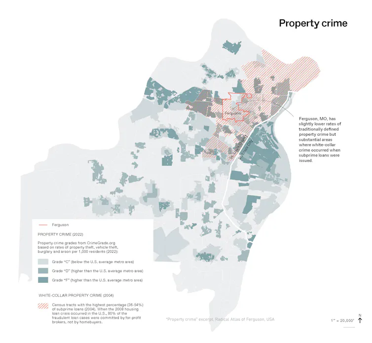 Carte du Missouri mettant en évidence Ferguson et présentant les niveaux de criminalité contre les biens