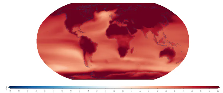 Global map of future climate under worst case emissions scenario. Deep red colour over land areas.