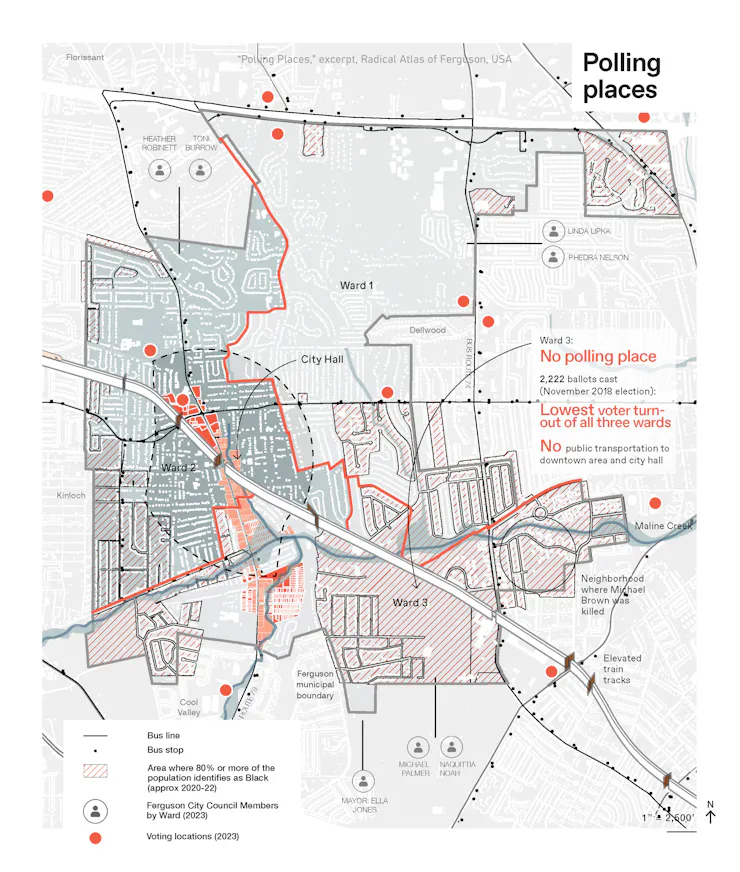 Map of Ferguson showing voting locations, public transit lines and majority Black communities by ward.