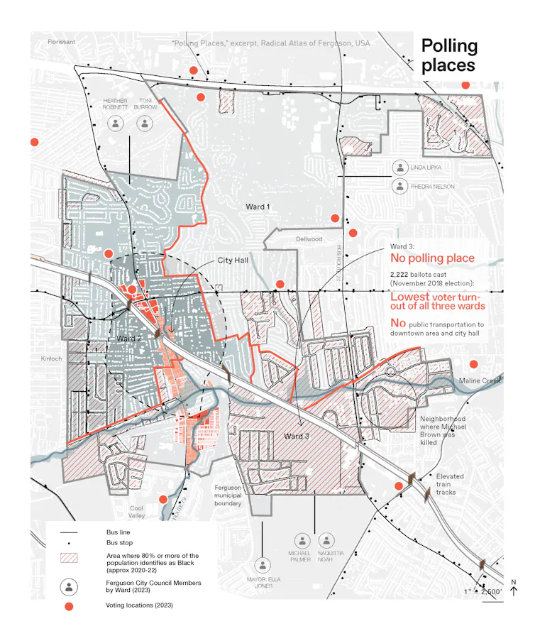 Carte de Ferguson montrant l’emplacement des bureaux de vote, les lignes de transports publics et les quartiers à majorité noire par circonscription électorale