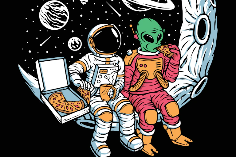 Un astronauta y un alien comparten pizza sentados en una representación de la Luna
