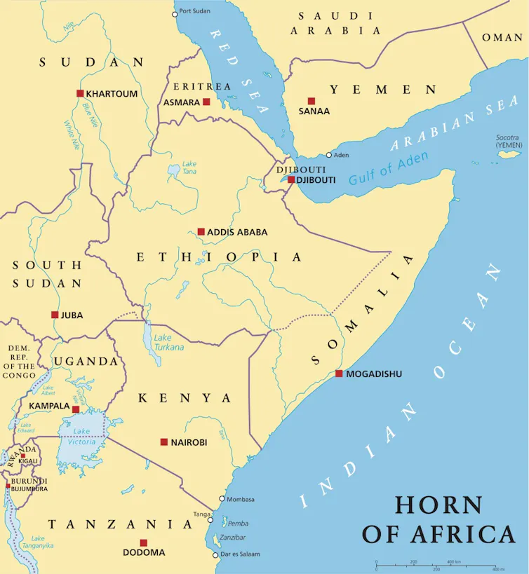 A map of the Horn of Africa.