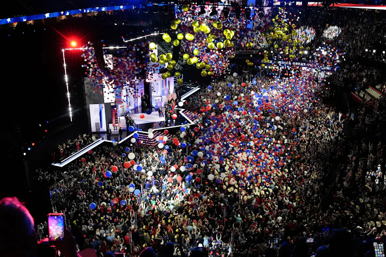 Balloons fall from the ceilking at the Republican National Convention in 2024.