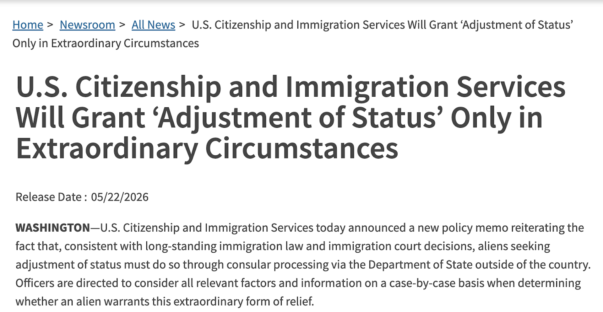 Parte superior del comunicado de prensa de USCIS.