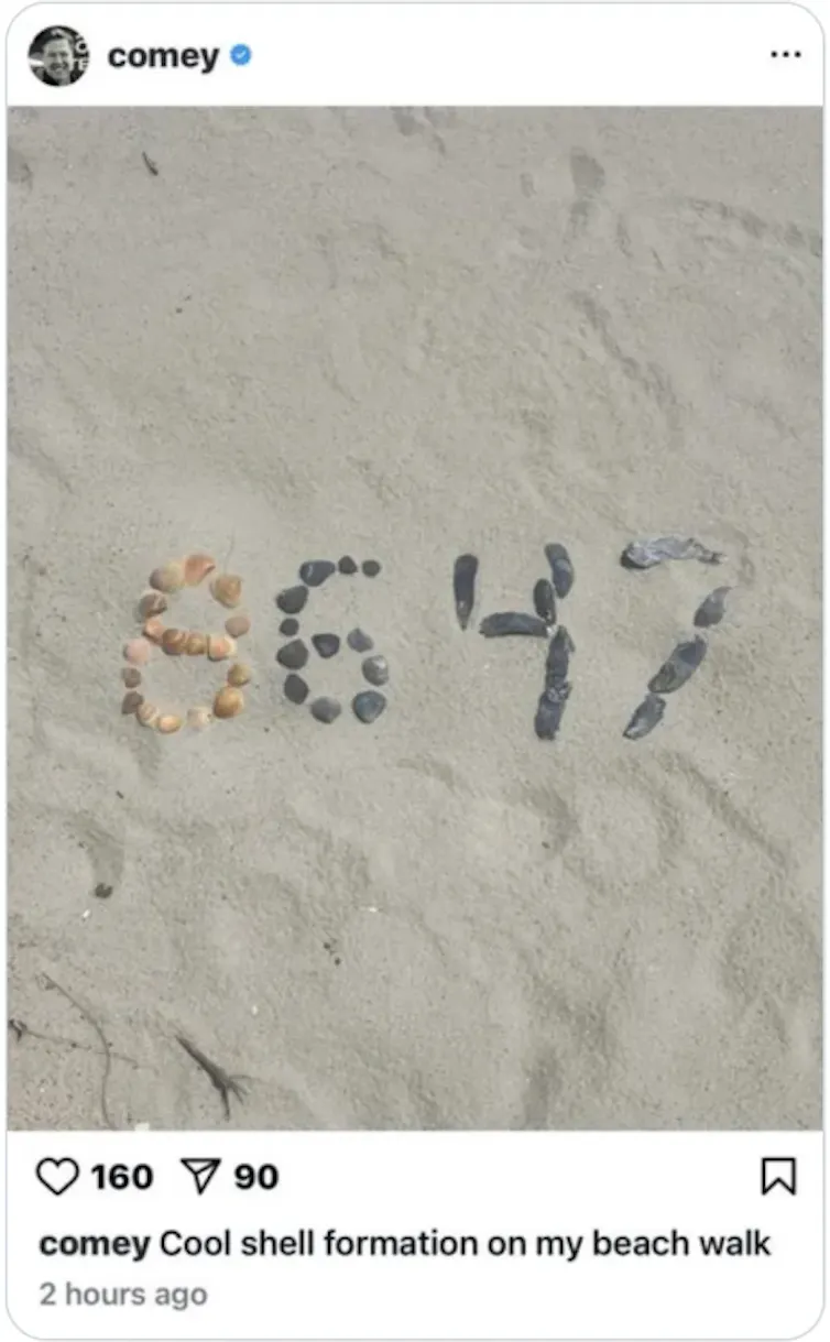 Seashells are arranged on a beach in the form of the numerals '86' and '47.'