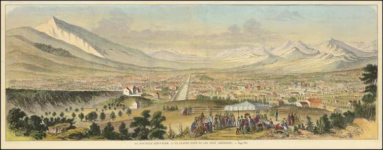 A faintly colored illustration of a small city nestled between dramatic mountains.