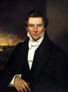 A formal painted portrait of a young man in a white shirt with a large collar and a black jacket.