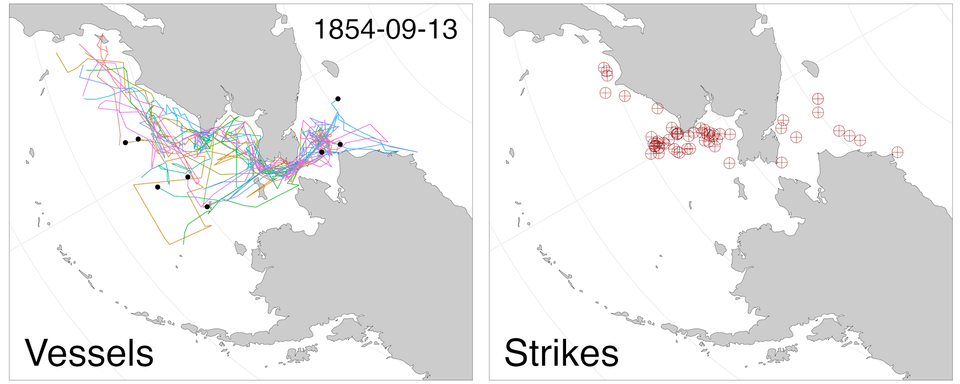 Rutas de viaje y ubicación de los arpones de los barcos balleneros: 1854-09-13
