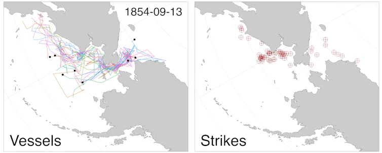 Diarios centenarios revelan cómo las ballenas de Groenlandia se están recuperando de su casi extinción 1 Rutas de viaje y ubicación de los arpones de los barcos balleneros: 1854-09-13
