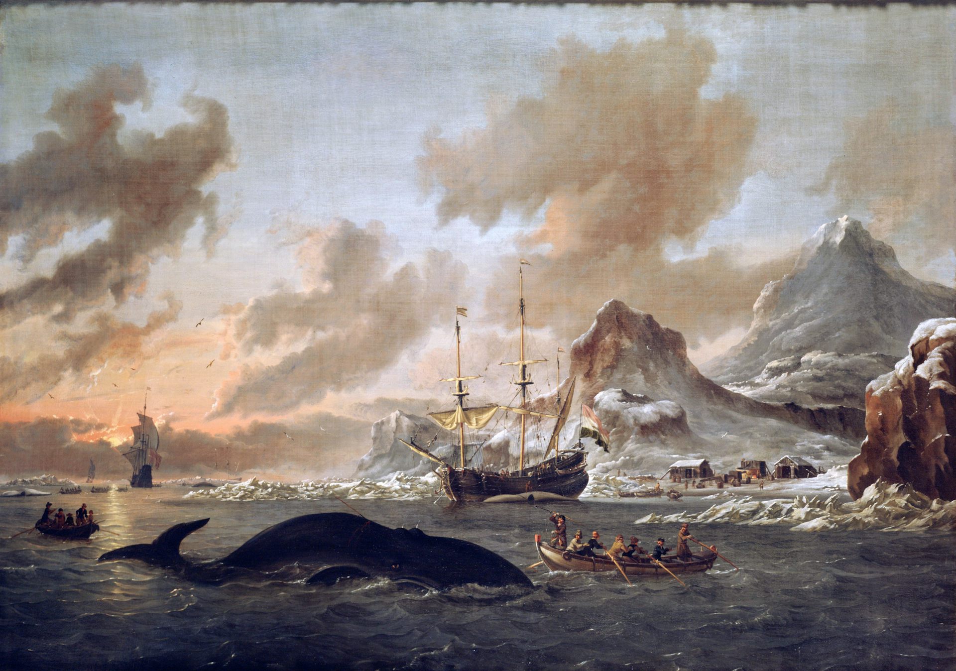 Una obra de arte del siglo XVII que representa la caza de ballenas en una proa en el Ártico.