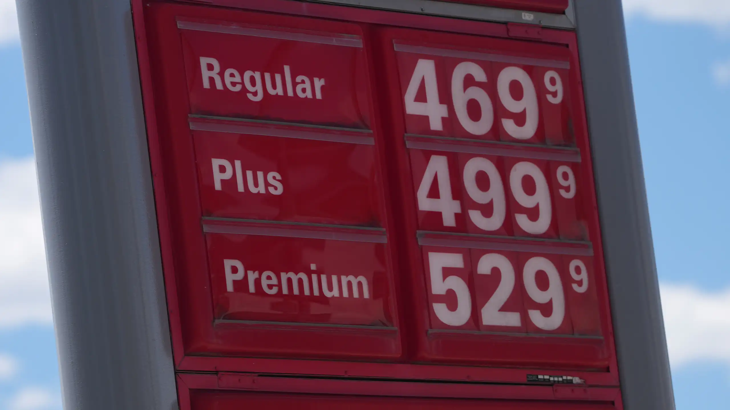A red sign at a Conoco station in Denver, Colorado, displays gas prices on May 14, 2026.