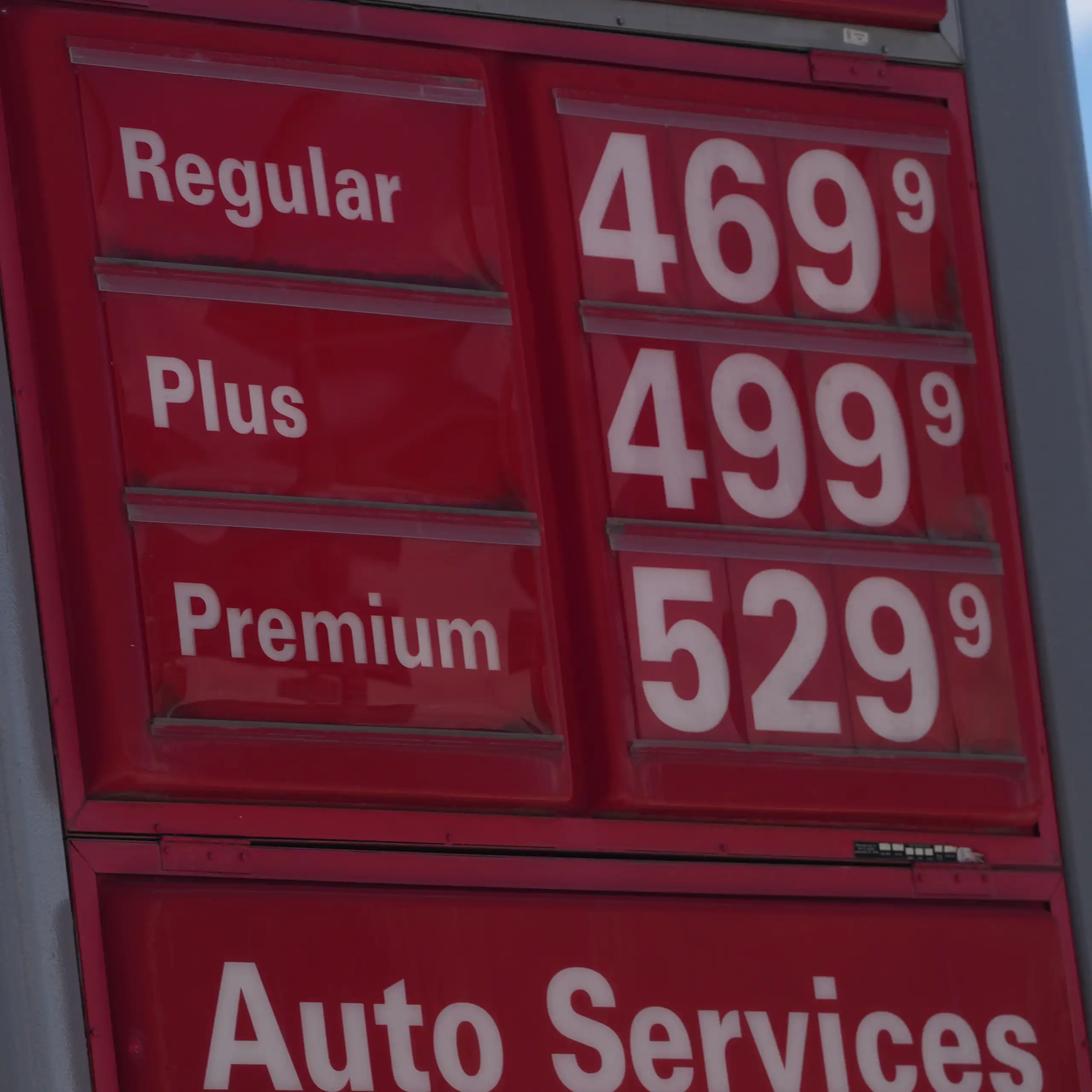 A red sign at a Conoco station in Denver, Colorado, displays gas prices on May 14, 2026.