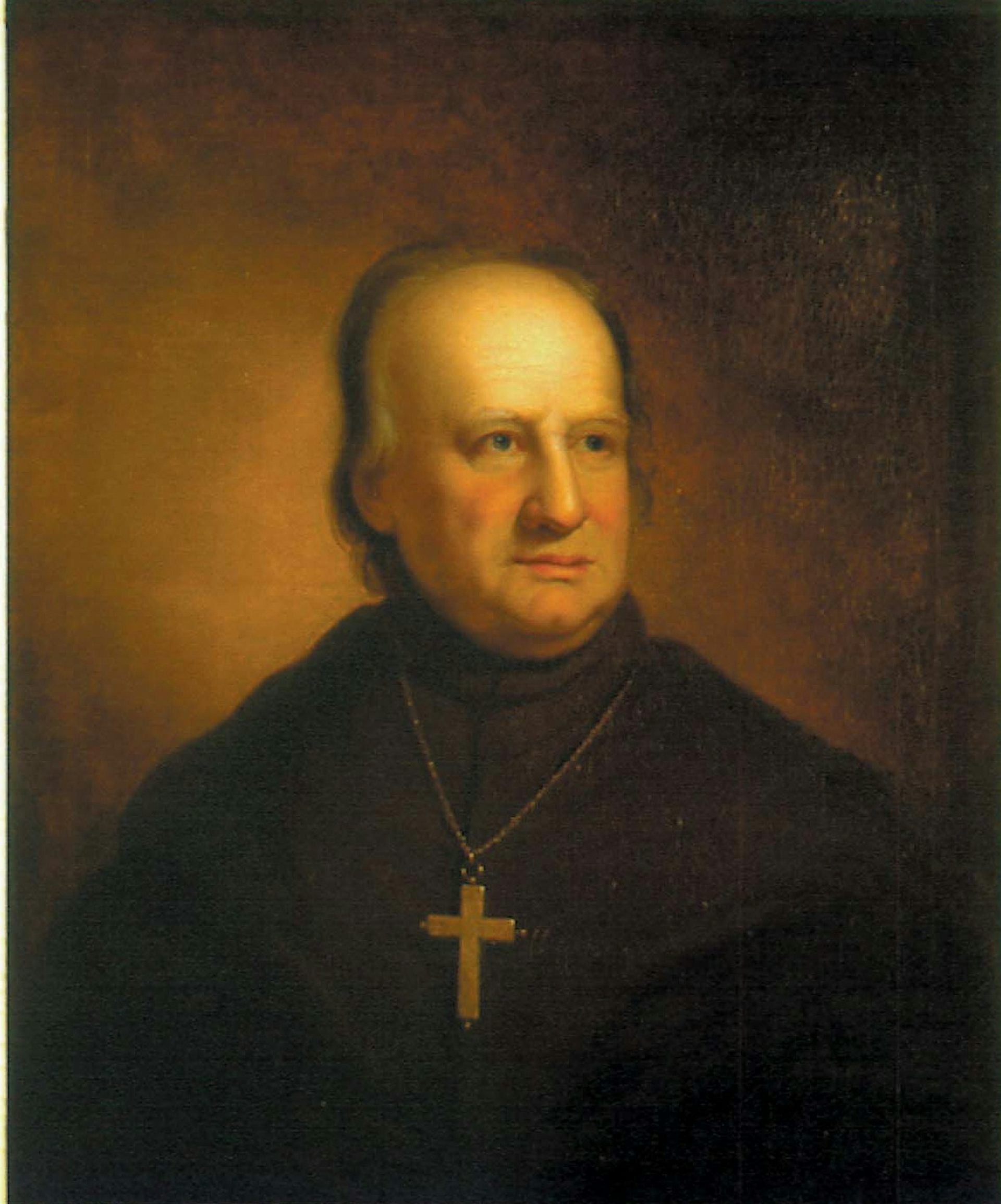 A painting in dark colors shows an elderly man in a dark robe with a large cross around his neck.