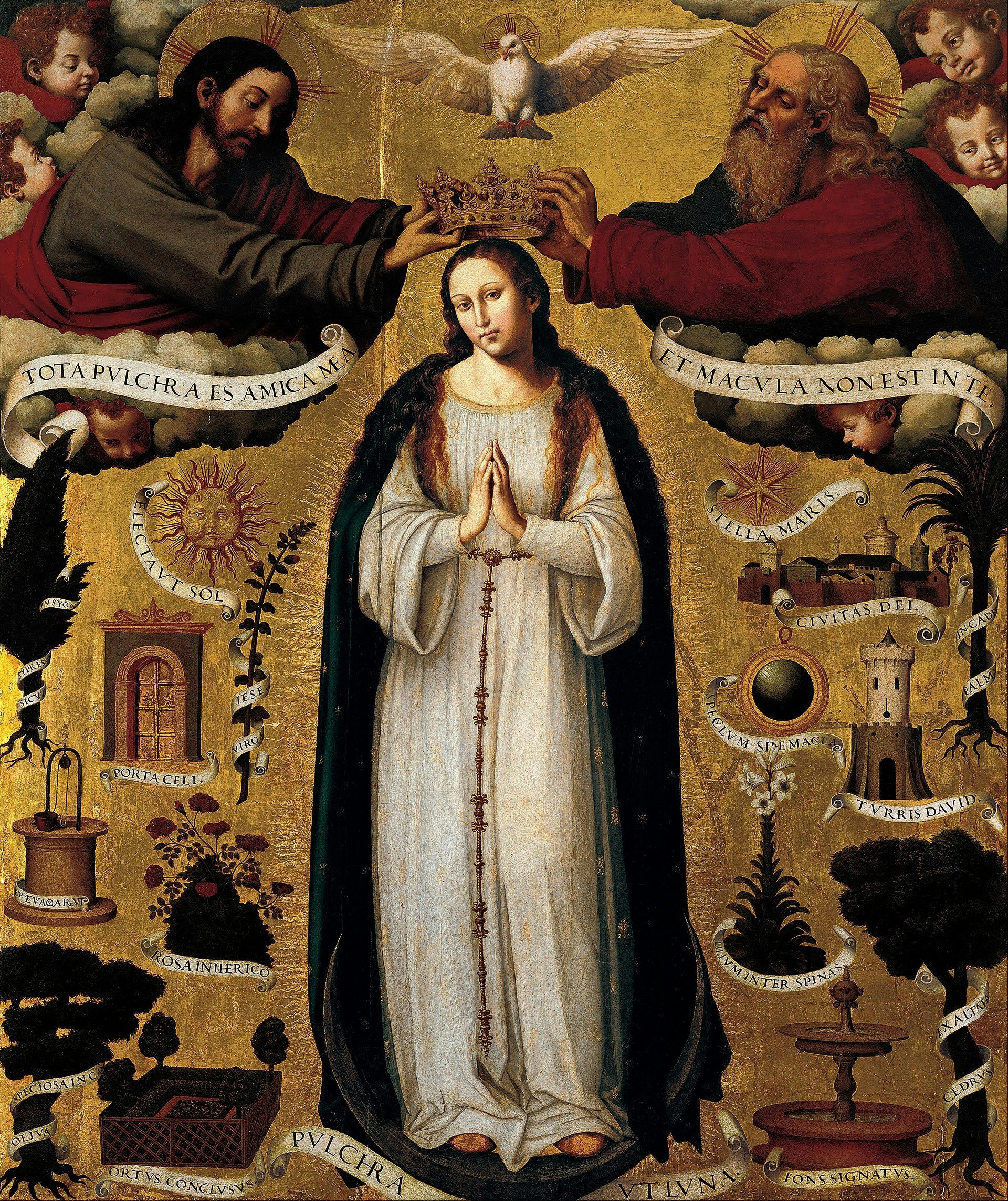 A painting with a gold background shows two men with halos positioning a crown on a young woman's head.