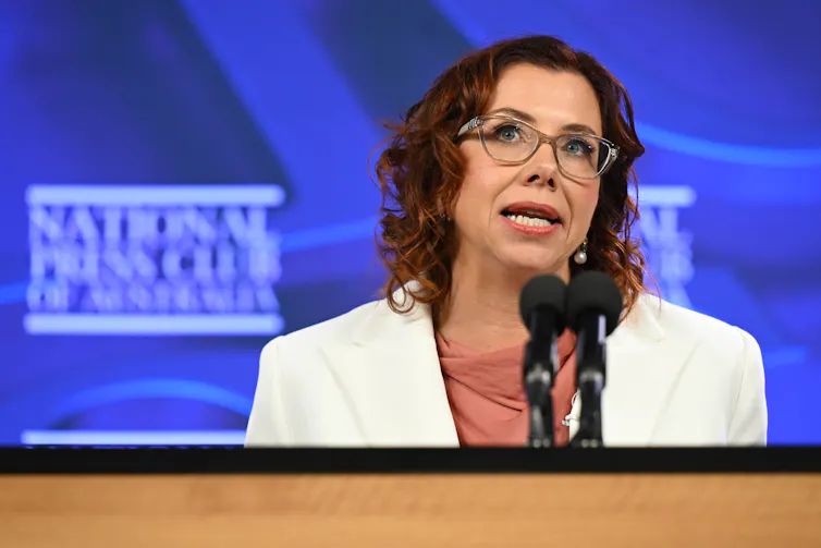 Australian Employment Minister Amanda Rishworth speaks at the National Press Club in Canberra.