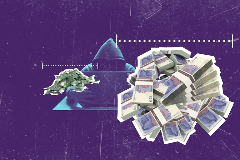 a small pile of Australian money next to a large pile of British pounds with a silhouette of a hacker in the background