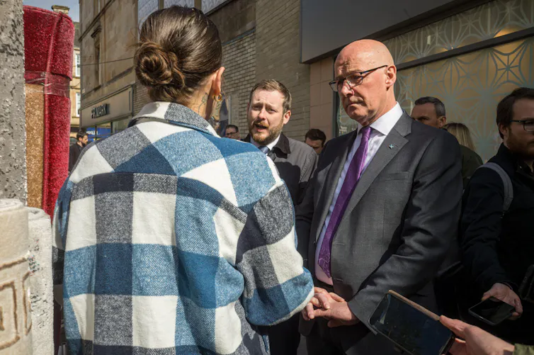 Scottish First Minister John Swinney meets voters on the eve of the May 2026 Scottish Parliament elections