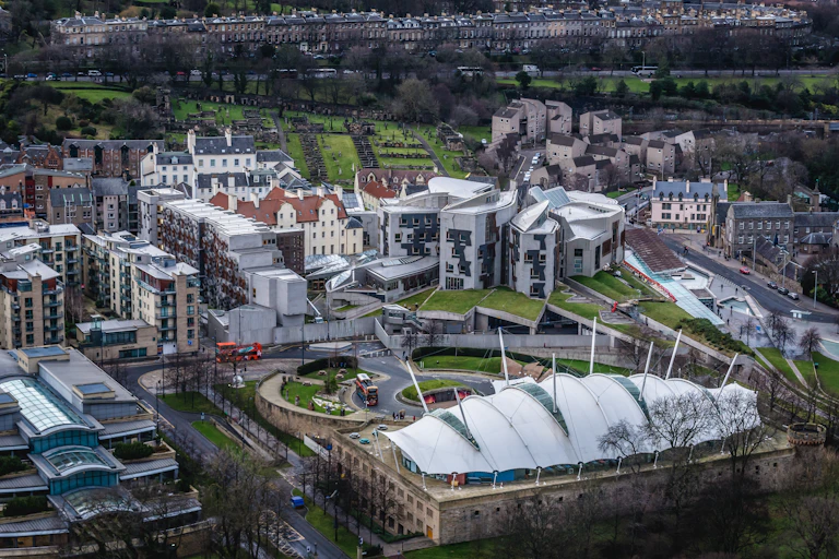 aerial shot of the scottish parliament building in holyrood, edinburgh