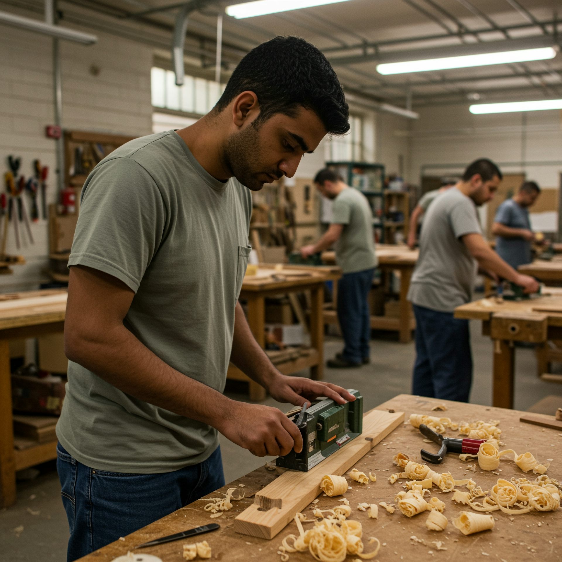 Man in prison in woodworking class.