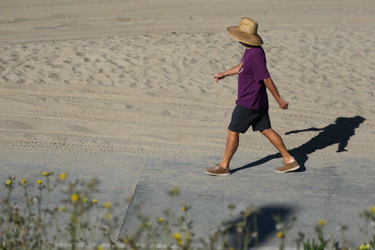 A person in a sun hat walks along a sandy beach.