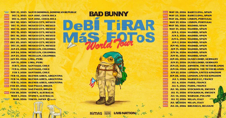 Cartel anunciando las fechas de la gira Debí tirar más fotos de Bad Bunny.