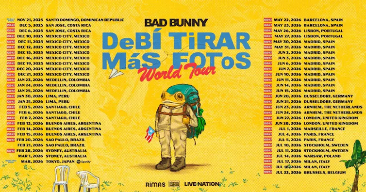 Cartel anunciando las fechas de la gira Debí tirar más fotos de Bad Bunny.
