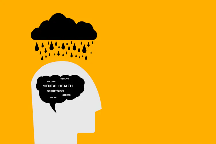 A graphic shows a silhouette of a head that has a black speech bubble in it and says 'depression' and other words, with a black rain cloud above the head.