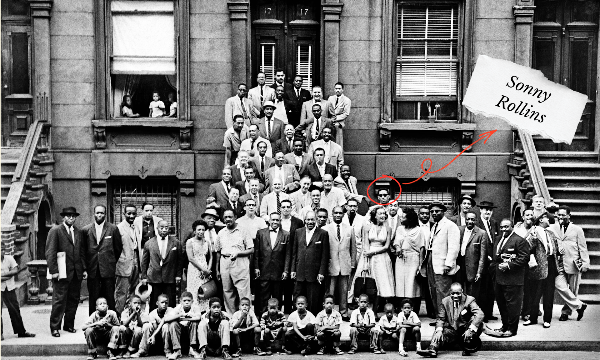 Sonny Rollins among many jazz musicians outside a brownstone in New York.