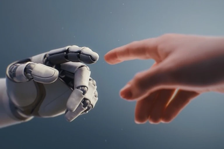 A robot finger and a human finger are about to touch