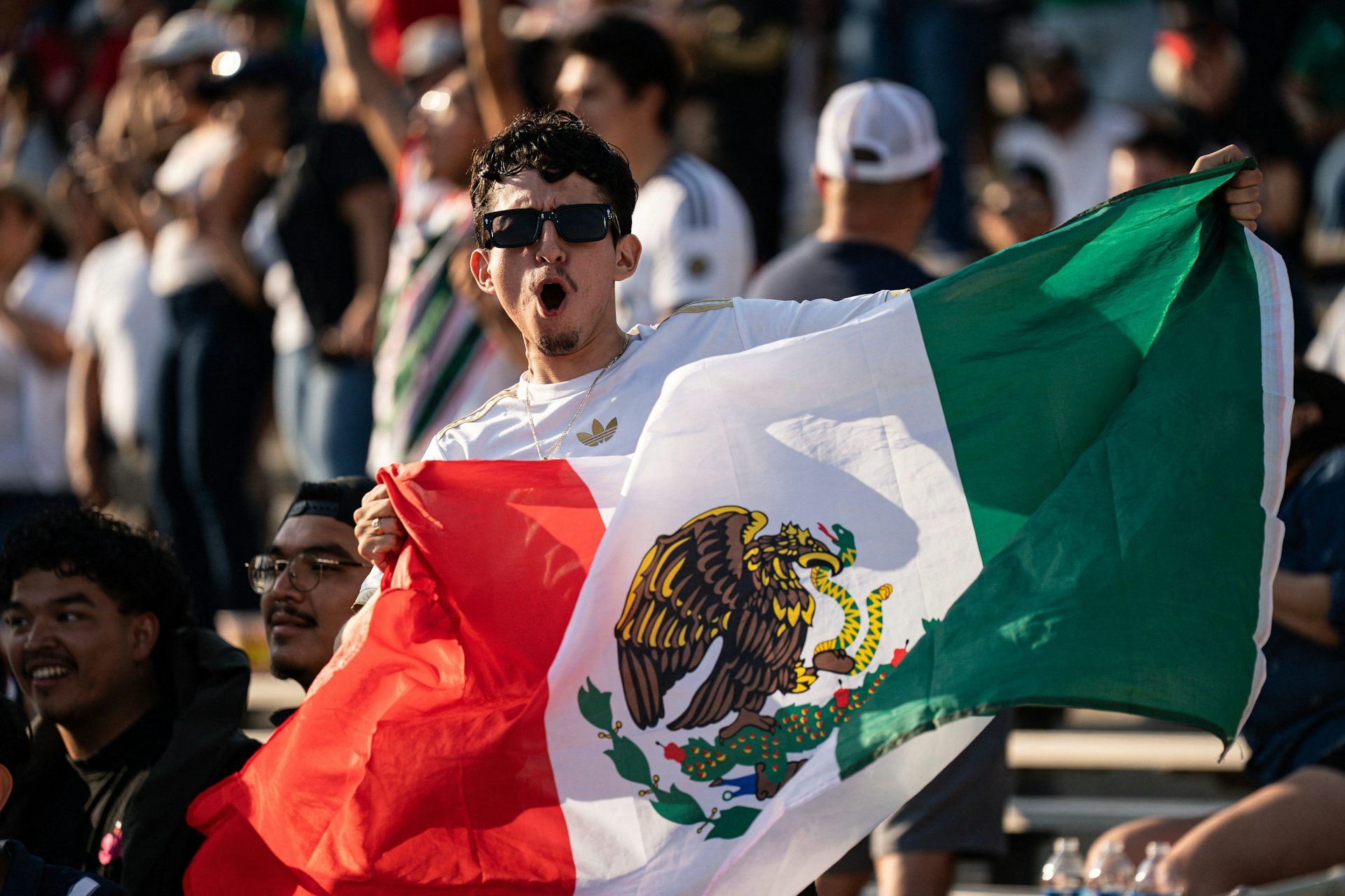 Um torcedor do México segurando uma bandeira mexicana.