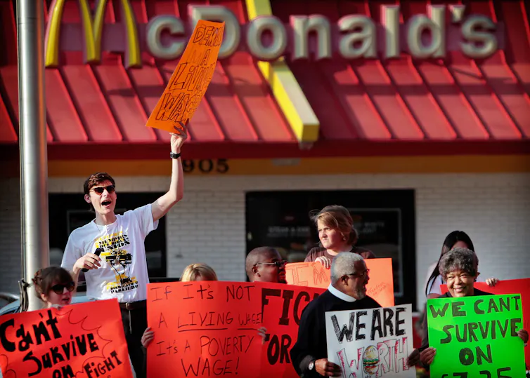 workers striking outside a McDonald's
