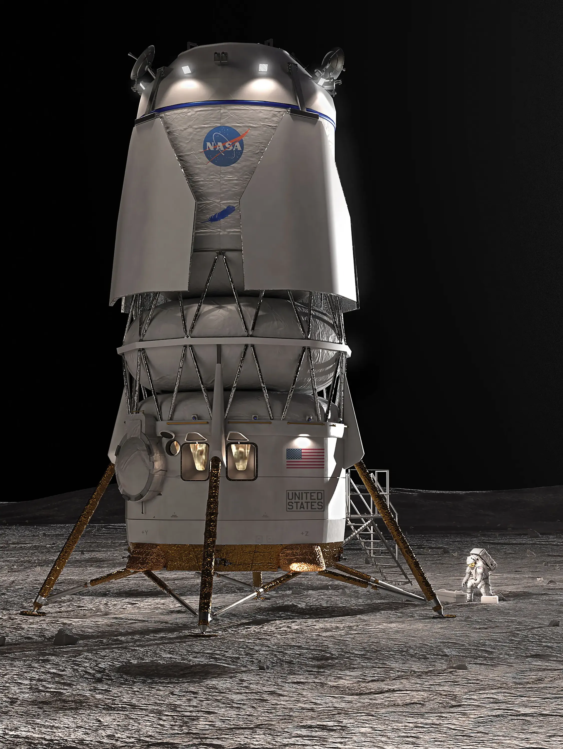 Ilustración de un módulo de aterrizaje cilíndrico alto con cuatro patas de metal que lo sujetan a la superficie de la Luna.