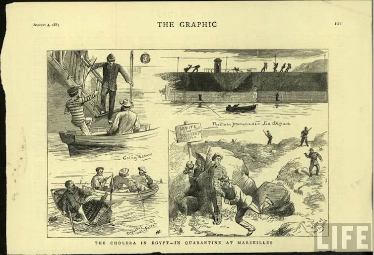 A four-panel etching from 1833 showing people trying to disembark from a boat and go ashore.