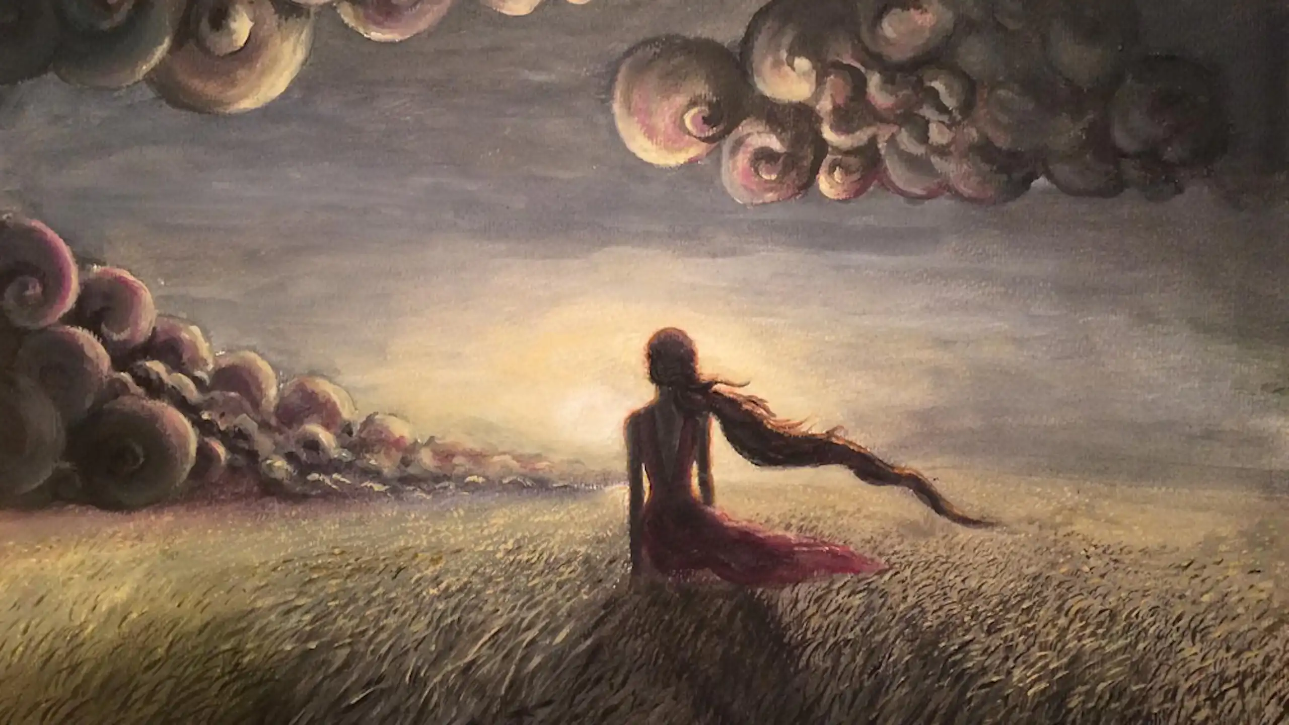 A figure with long hair in a dreamlike landscape